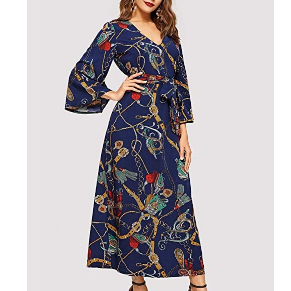NWT Navy Bold Print Maxi Wrap Dress - Picture 3 of 4